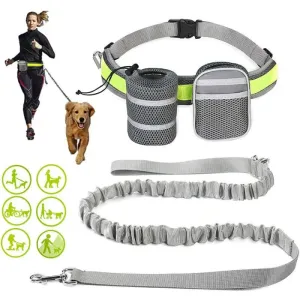 Adjustable Waist Elastic Reflective Handsfree Dog Leash with Two Storage Bags