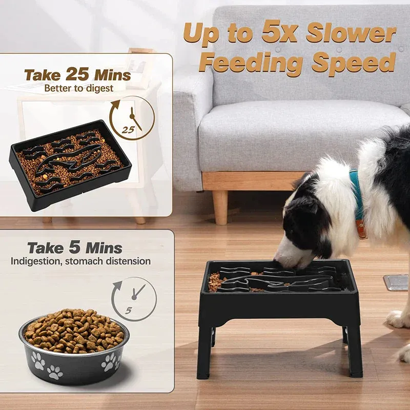 Elevated Dog Bowls Adjustable Height Raised Slow Feeder Non Slip Puppy Cat Food Dish 2.2l Large Capacity