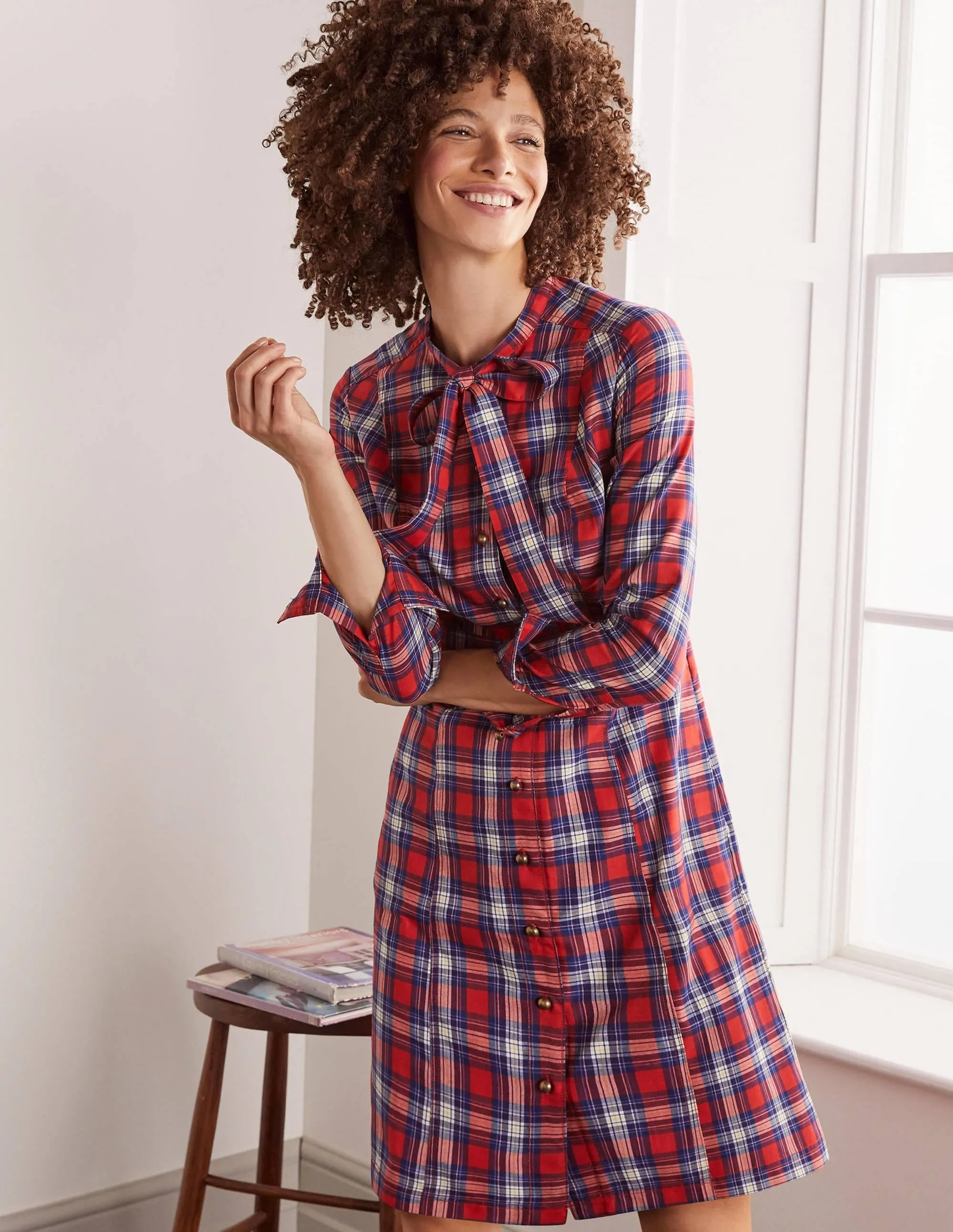 Elspeth Shirt Dress-Red and Ivory Check