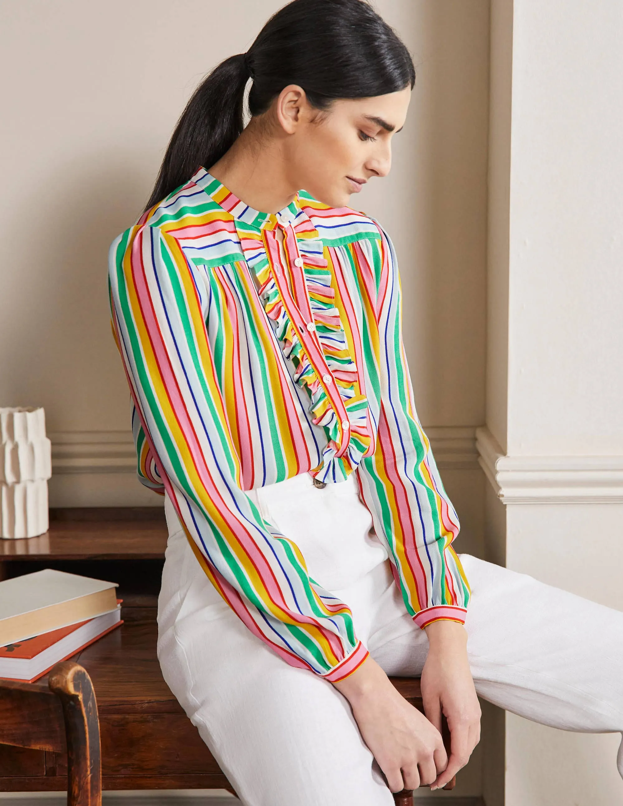 Ruffle Popover Blouse-Rainbow Multistripe