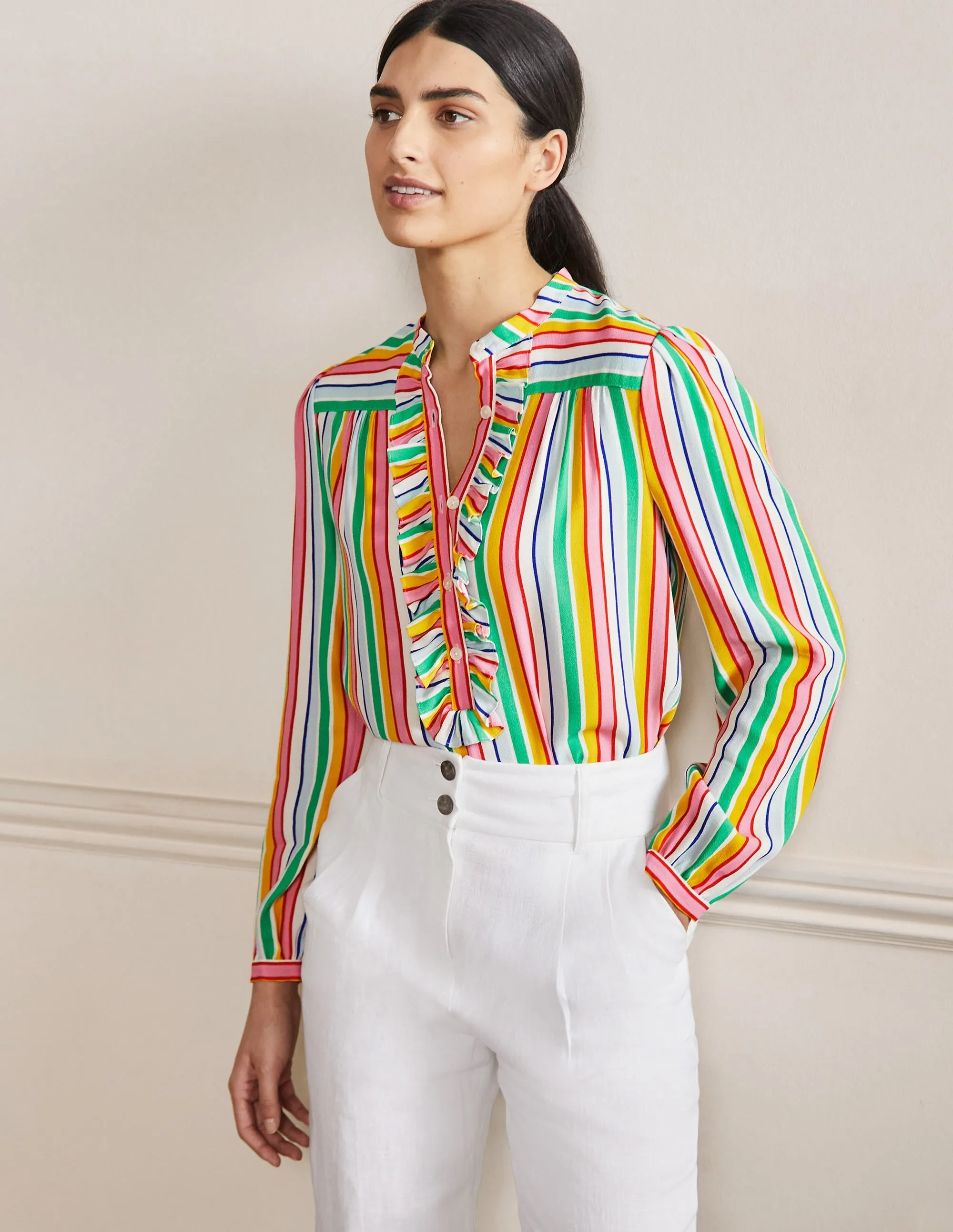 Ruffle Popover Blouse-Rainbow Multistripe